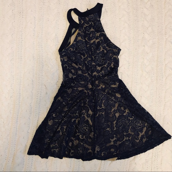 Crystal Doll 5 navy lace over nude halter mini dress - Picture 8 of 9